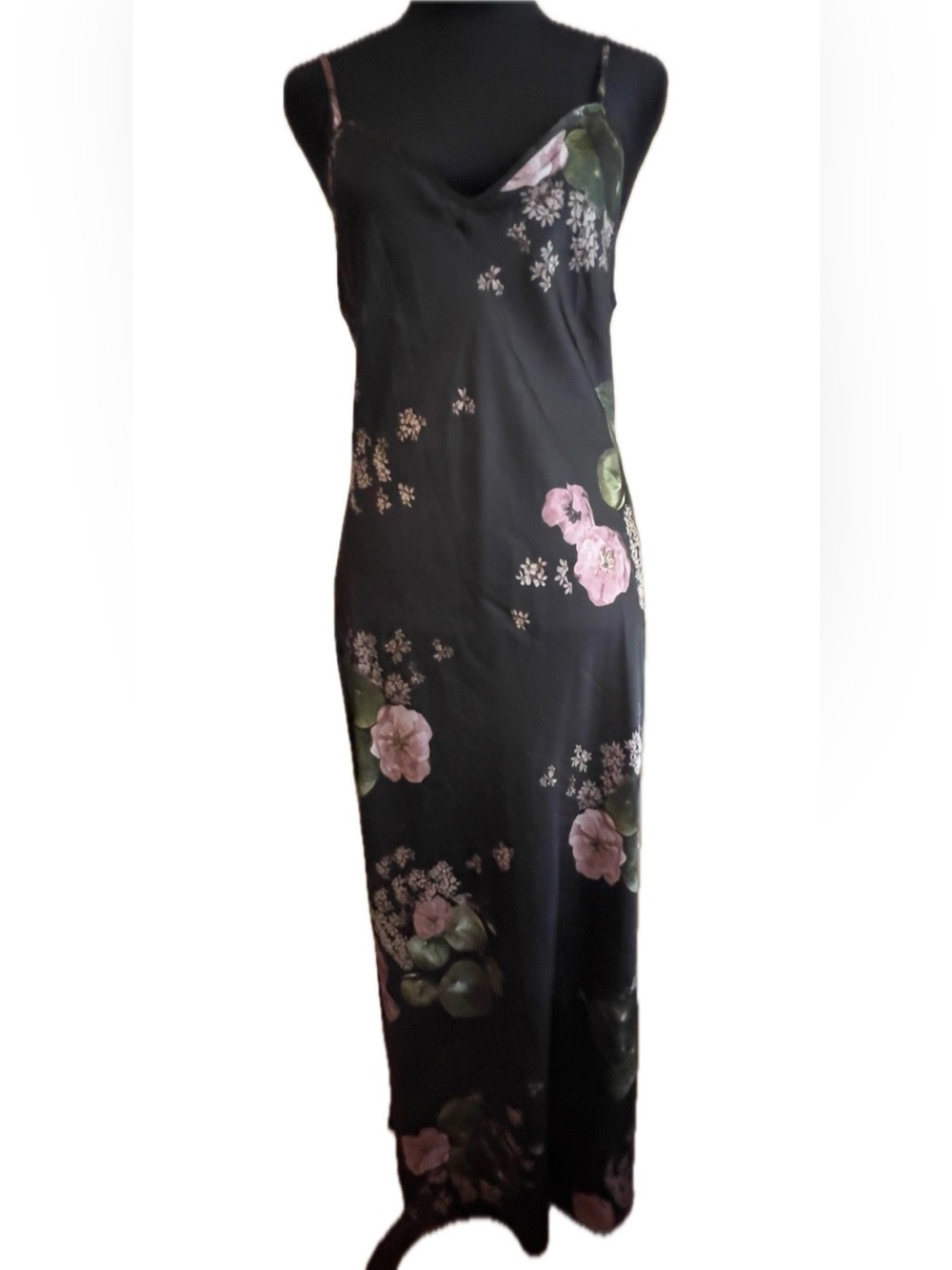 AllSaints Black Slip Maxi Dress with Floral Print